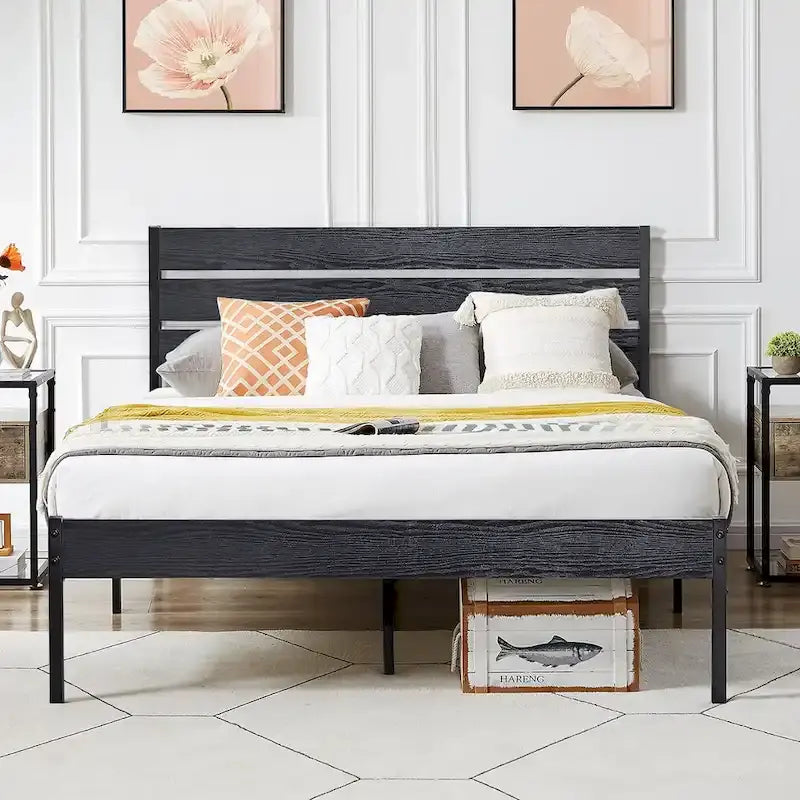 VECELO Industrial Wood Bed Frame with Headboard, Twin Size Beds/Full Size Beds/Queen Size Beds