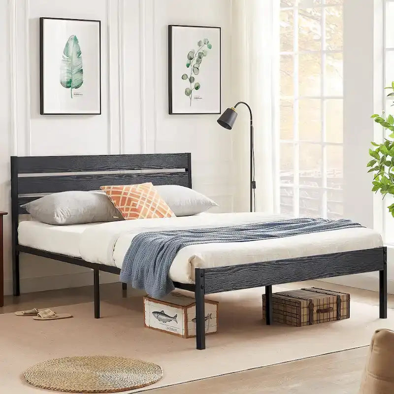 Cadre de lit industriel en bois VECELO avec tête de lit, lits simples/lits doubles/lits queen