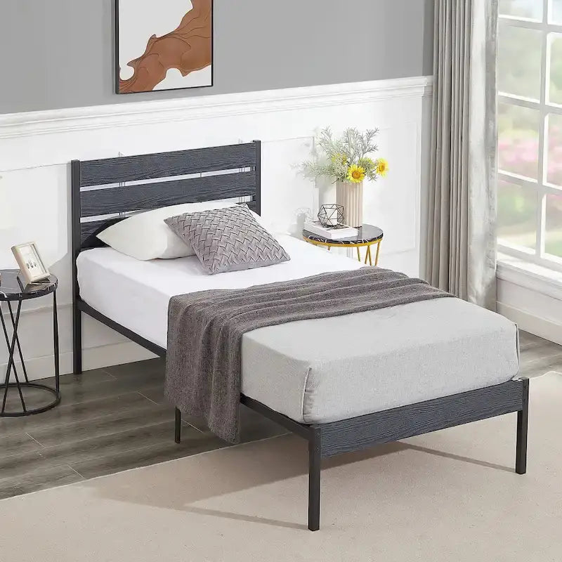Cadre de lit industriel en bois VECELO avec tête de lit, lits simples/lits doubles/lits queen