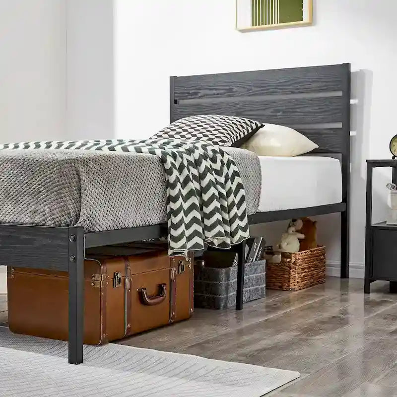 Cadre de lit industriel en bois VECELO avec tête de lit, lits simples/lits doubles/lits queen