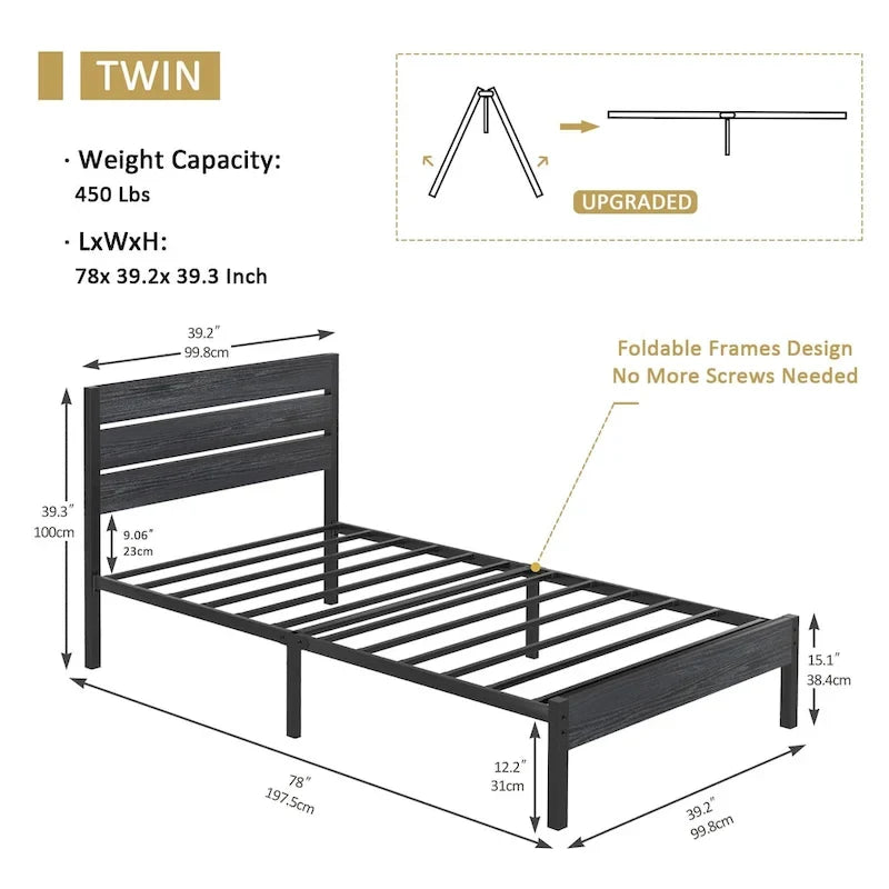 Cadre de lit industriel en bois VECELO avec tête de lit, lits simples/lits doubles/lits queen