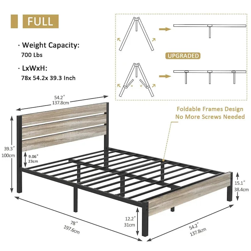 Cadre de lit industriel en bois VECELO avec tête de lit, lits simples/lits doubles/lits queen