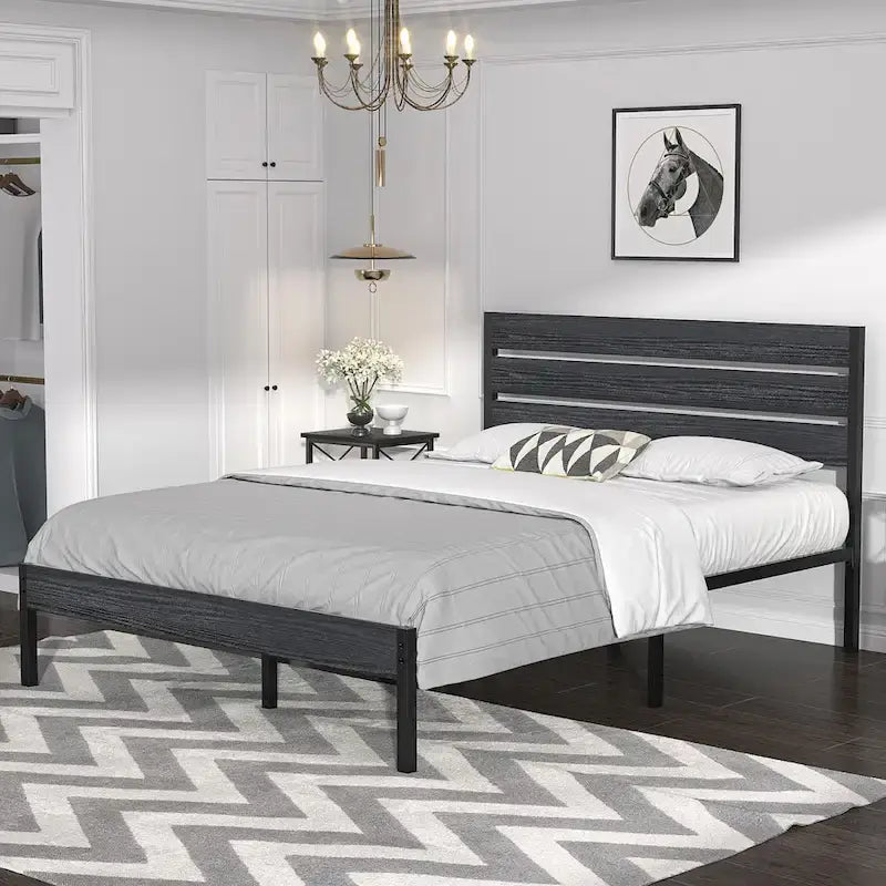 Cadre de lit industriel en bois VECELO avec tête de lit, lits simples/lits doubles/lits queen