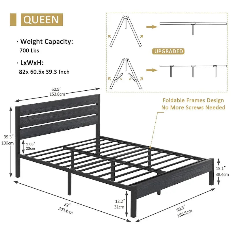 Cadre de lit industriel en bois VECELO avec tête de lit, lits simples/lits doubles/lits queen