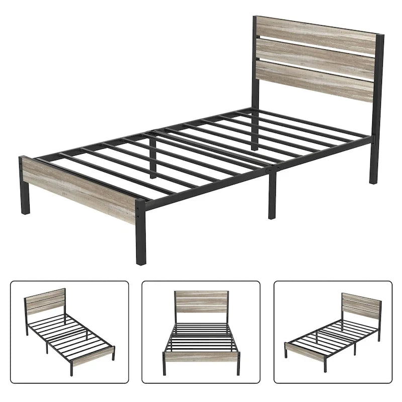 Cadre de lit industriel en bois VECELO avec tête de lit, lits simples/lits doubles/lits queen