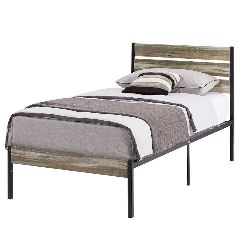 Cadre de lit industriel en bois VECELO avec tête de lit, lits simples/lits doubles/lits queen