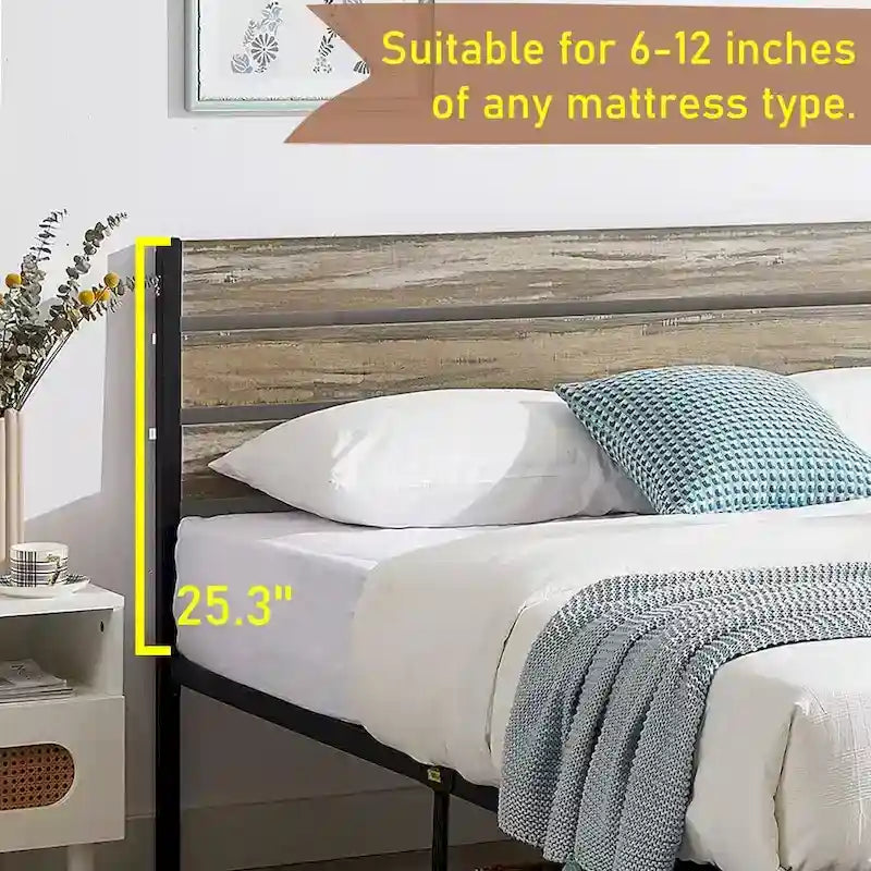 Cadre de lit industriel en bois VECELO avec tête de lit, lits simples/lits doubles/lits queen