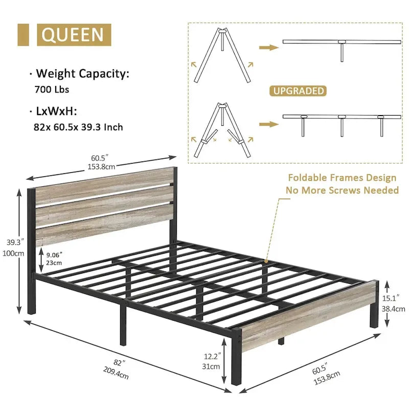 Cadre de lit industriel en bois VECELO avec tête de lit, lits simples/lits doubles/lits queen