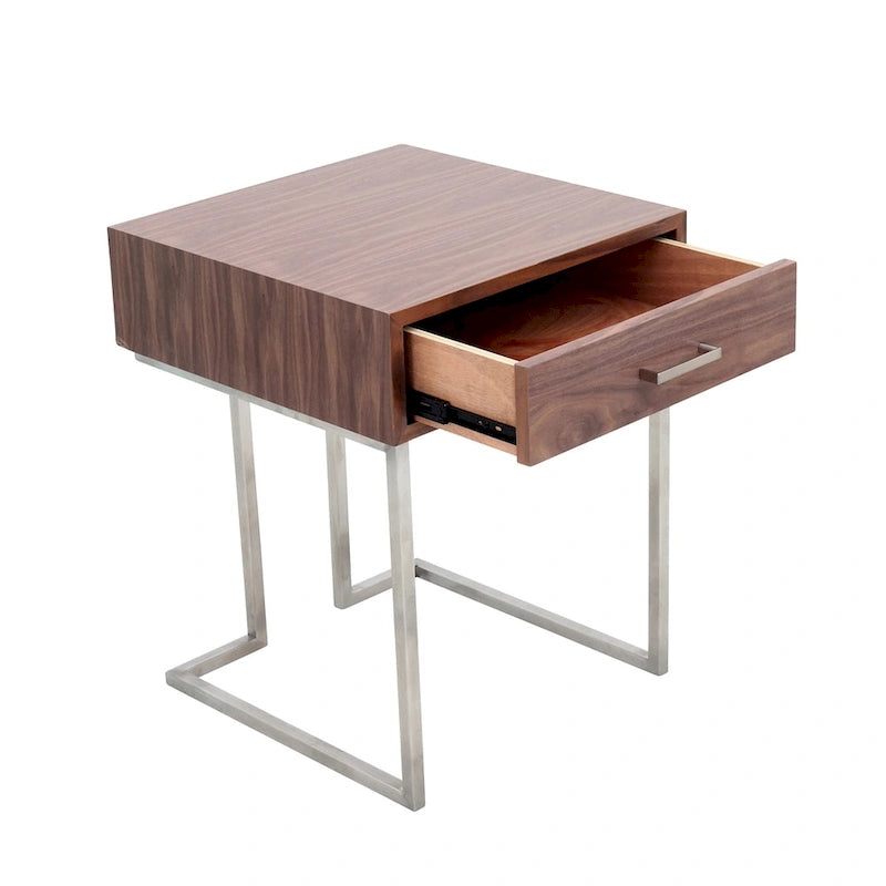 Table d'appoint Carson Carrington Siuntio de style romain contemporain, en noyer et acier inoxydable, avec tiroir
