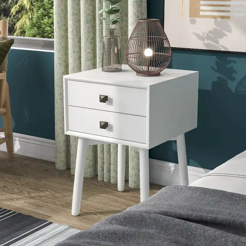 Table de chevet compacte DH BASIC en bois, style moderne du milieu du siècle, avec 2 tiroirs, par Denhour