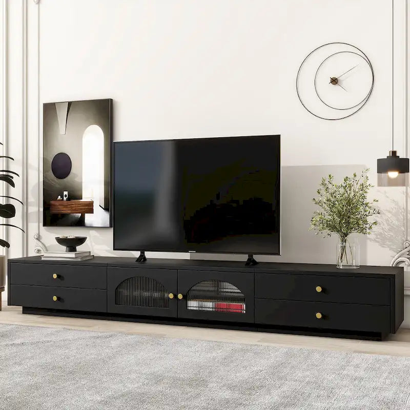 86-inch Luxurious TV Stand Media Console Fluted Glass Doors & Four Drawers - 15.70 x 86.60 x 12.80