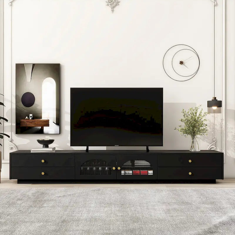 Meuble TV de luxe 86 pouces avec portes en verre cannelé et quatre tiroirs - 15,70 x 86,60 x 12,80