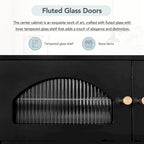 Meuble TV de luxe 86 pouces avec portes en verre cannelé et quatre tiroirs - 15,70 x 86,60 x 12,80