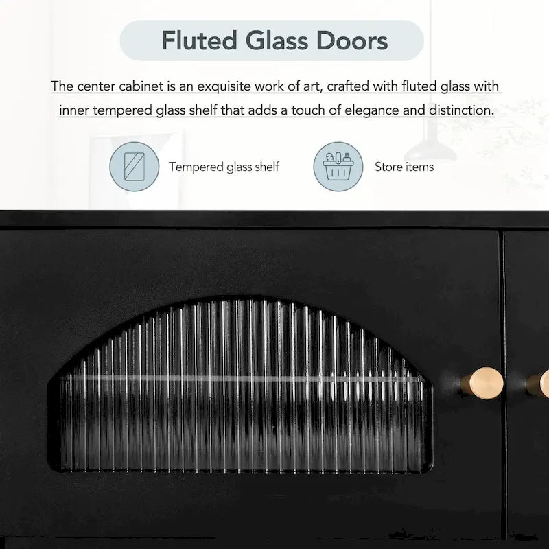 Meuble TV de luxe 86 pouces avec portes en verre cannelé et quatre tiroirs - 15,70 x 86,60 x 12,80