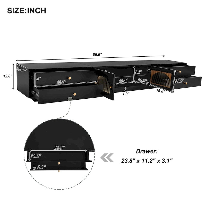 Meuble TV de luxe 86 pouces avec portes en verre cannelé et quatre tiroirs - 15,70 x 86,60 x 12,80