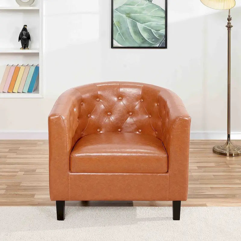 Fauteuil d'appoint, fauteuil tonneau capitonné en similicuir, fauteuil d'appoint moderne du milieu du siècle, fauteuil confortable, fauteuils tonneau