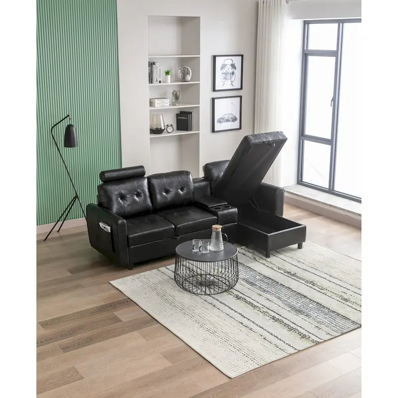 Canapé d'angle convertible en L avec rangement intégré, revêtement en velours/PU/tissu HOMEFUN