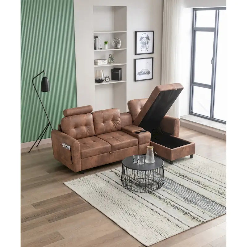 Canapé d'angle convertible en L avec rangement intégré, revêtement en velours/PU/tissu HOMEFUN