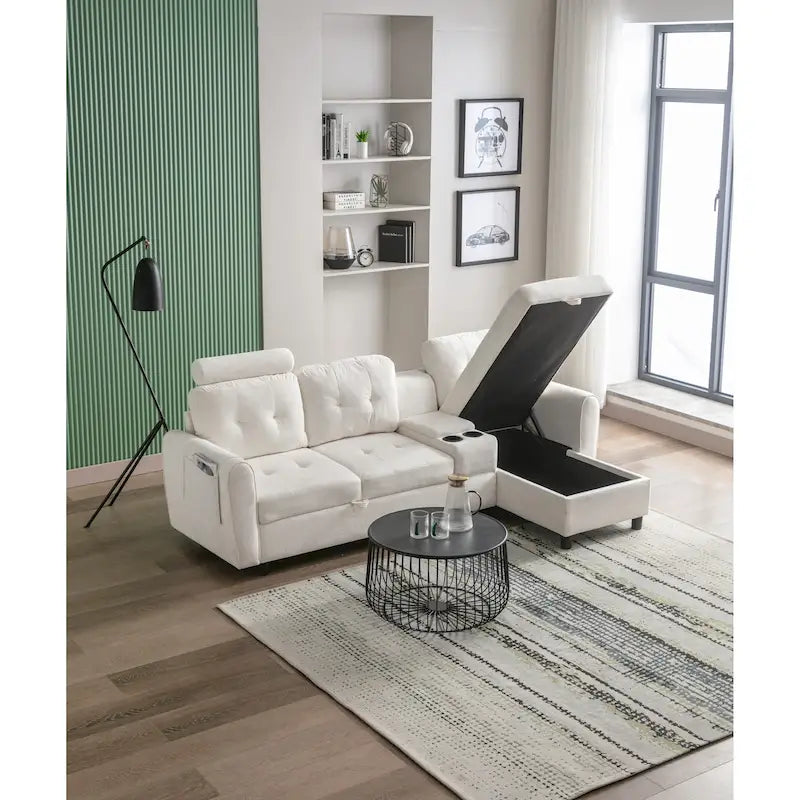 Canapé d'angle convertible en L avec rangement intégré, revêtement en velours/PU/tissu HOMEFUN