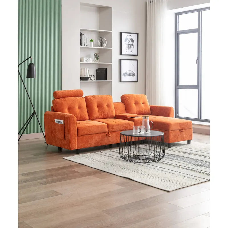 Canapé d'angle convertible en L avec rangement intégré, revêtement en velours/PU/tissu HOMEFUN