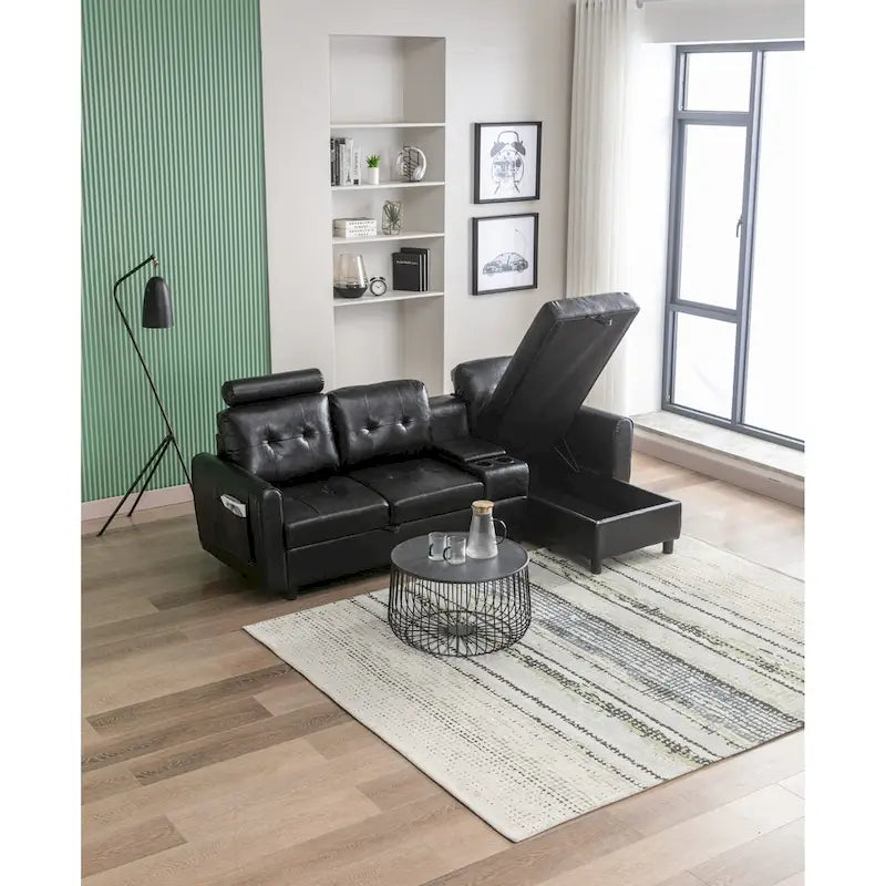 Canapé d'angle convertible en L avec rangement intégré, revêtement en velours/PU/tissu HOMEFUN