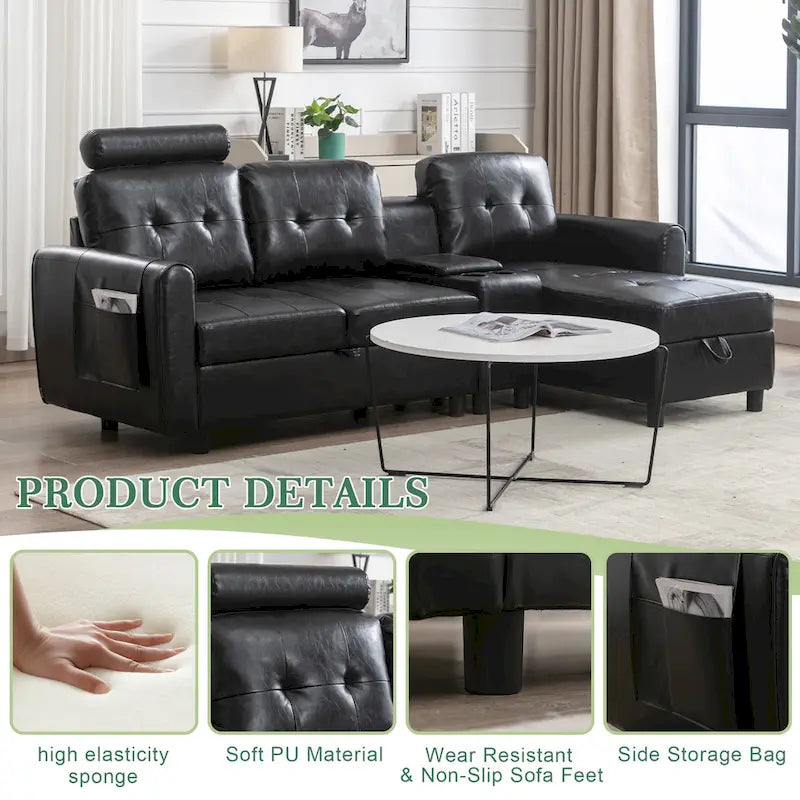 Canapé d'angle convertible en L avec rangement intégré, revêtement en velours/PU/tissu HOMEFUN