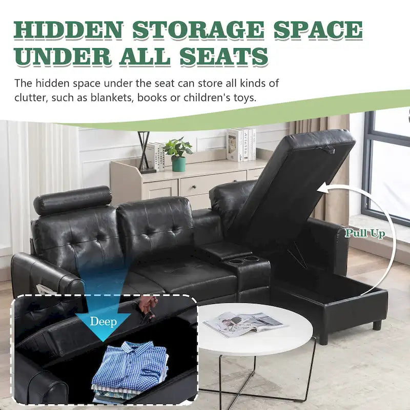 Canapé d'angle convertible en L avec rangement intégré, revêtement en velours/PU/tissu HOMEFUN