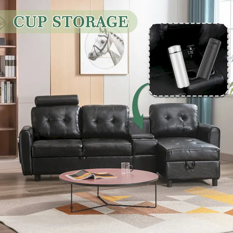 Canapé d'angle convertible en L avec rangement intégré, revêtement en velours/PU/tissu HOMEFUN