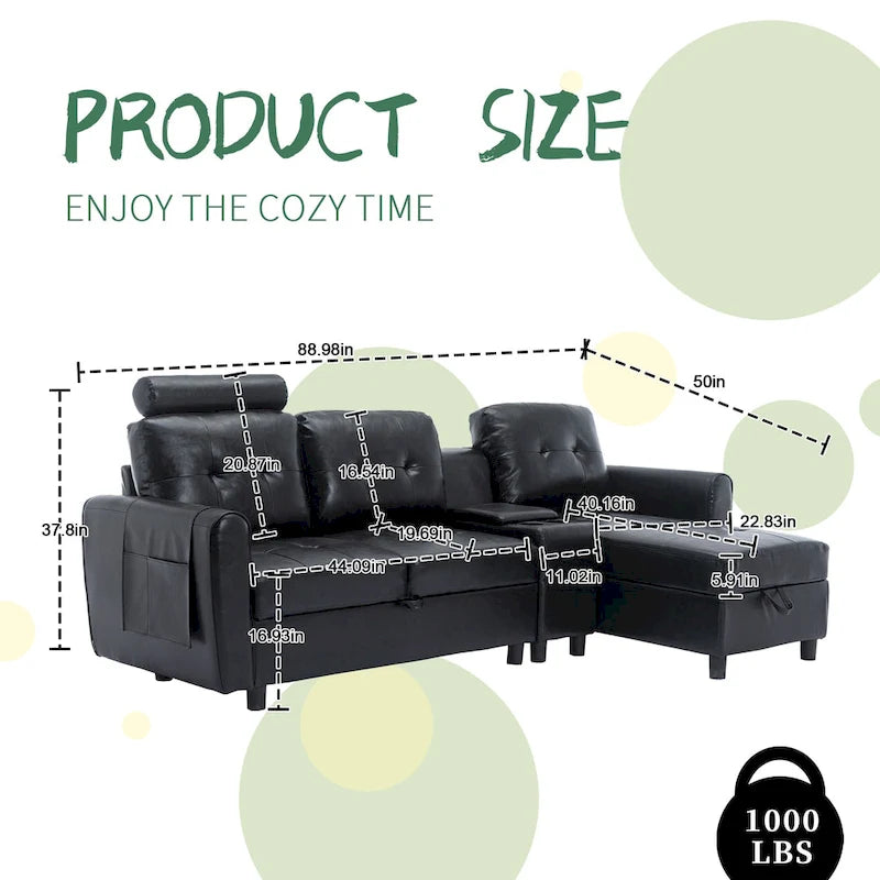 Canapé d'angle convertible en L avec rangement intégré, revêtement en velours/PU/tissu HOMEFUN