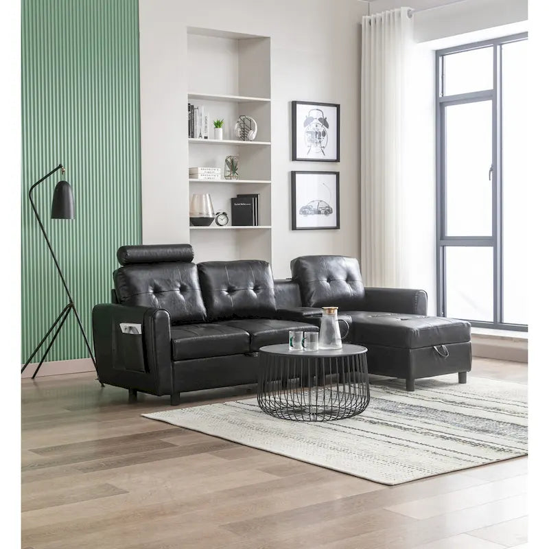 Canapé d'angle convertible en L avec rangement intégré, revêtement en velours/PU/tissu HOMEFUN