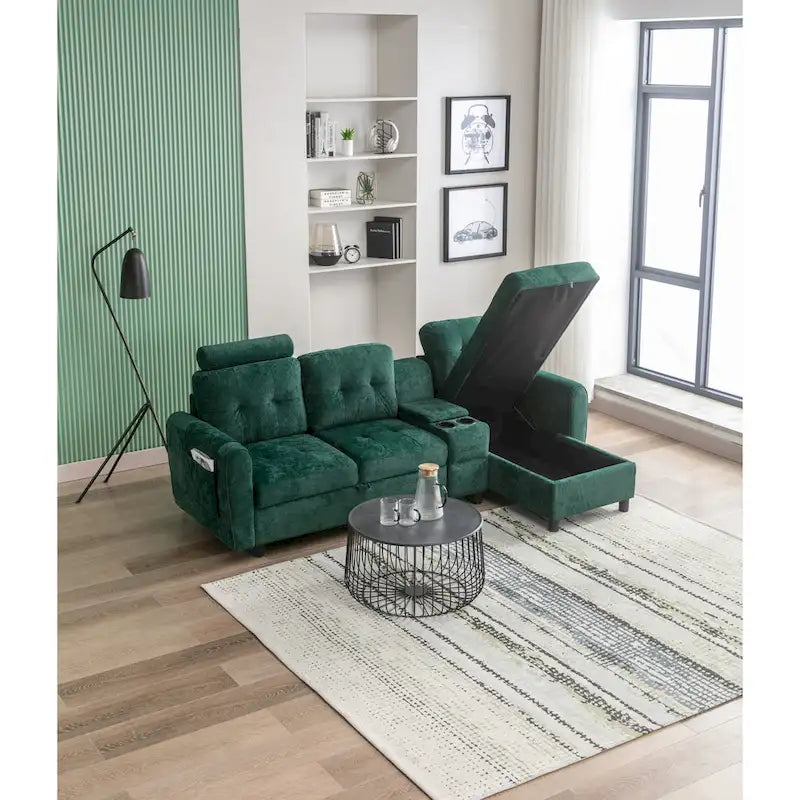 Canapé d'angle convertible en L avec rangement intégré, revêtement en velours/PU/tissu HOMEFUN