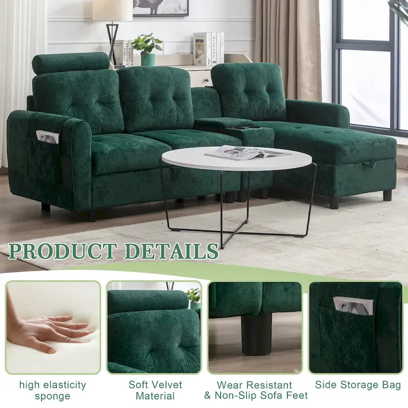 Canapé d'angle convertible en L avec rangement intégré, revêtement en velours/PU/tissu HOMEFUN