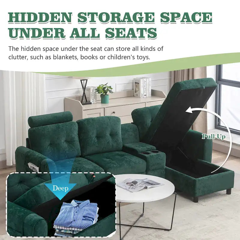 Canapé d'angle convertible en L avec rangement intégré, revêtement en velours/PU/tissu HOMEFUN