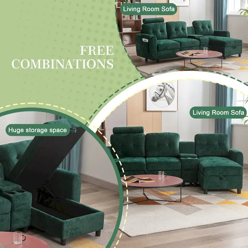 Canapé d'angle convertible en L avec rangement intégré, revêtement en velours/PU/tissu HOMEFUN