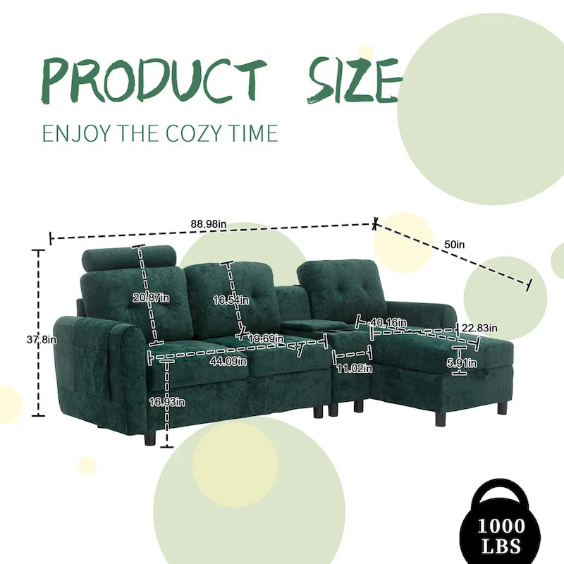 Canapé d'angle convertible en L avec rangement intégré, revêtement en velours/PU/tissu HOMEFUN