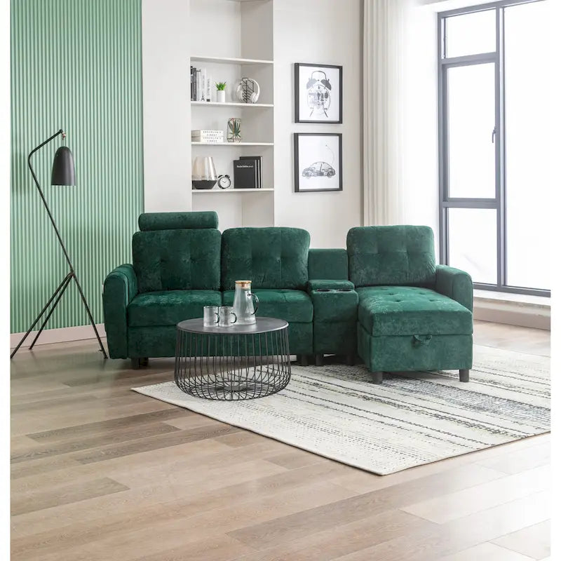 Canapé d'angle convertible en L avec rangement intégré, revêtement en velours/PU/tissu HOMEFUN