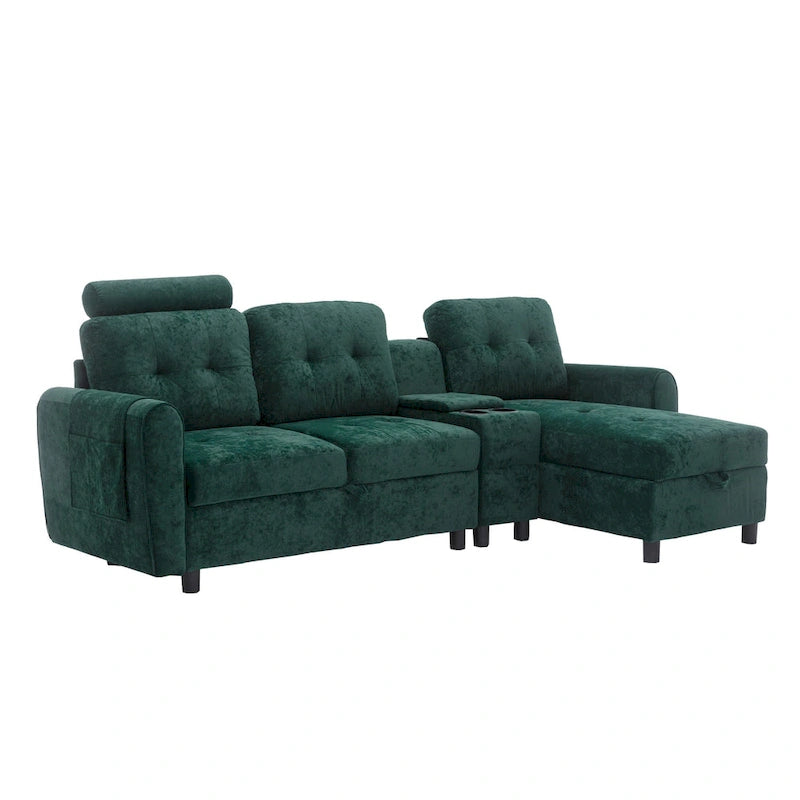 Canapé d'angle convertible en L avec rangement intégré, revêtement en velours/PU/tissu HOMEFUN