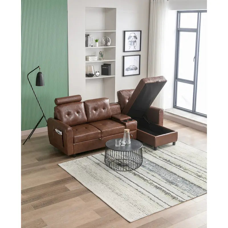 Canapé d'angle convertible en L avec rangement intégré, revêtement en velours/PU/tissu HOMEFUN