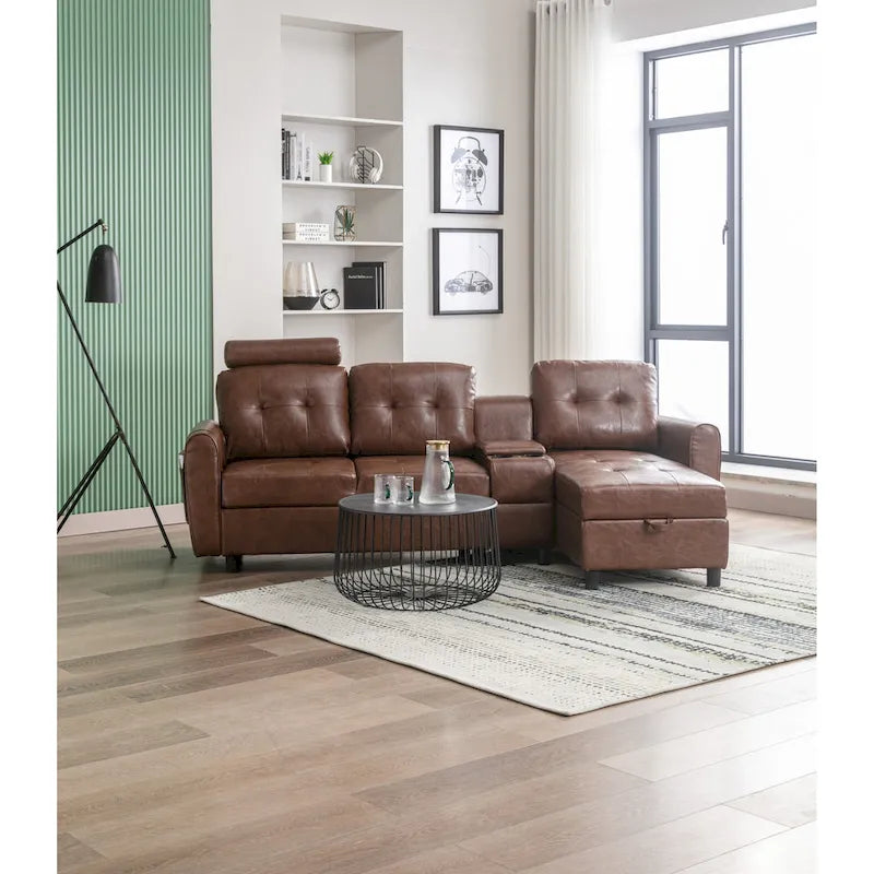 Canapé d'angle convertible en L avec rangement intégré, revêtement en velours/PU/tissu HOMEFUN