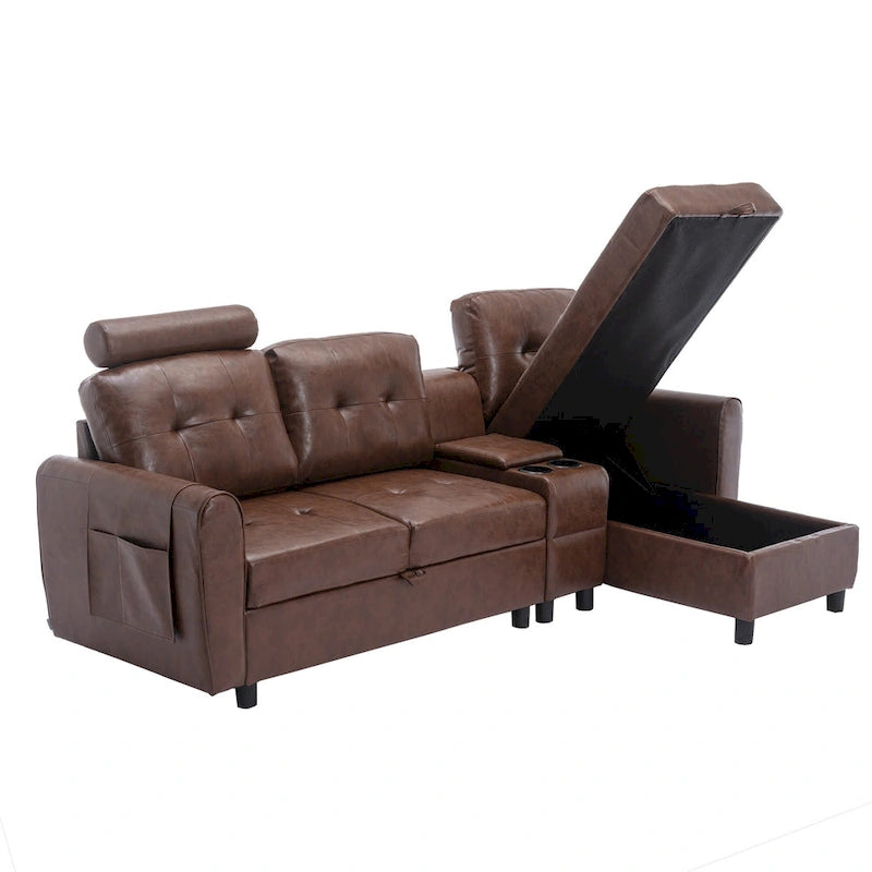 Canapé d'angle convertible en L avec rangement intégré, revêtement en velours/PU/tissu HOMEFUN