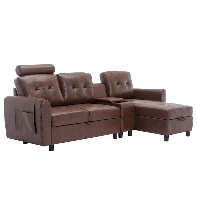 Canapé d'angle convertible en L avec rangement intégré, revêtement en velours/PU/tissu HOMEFUN