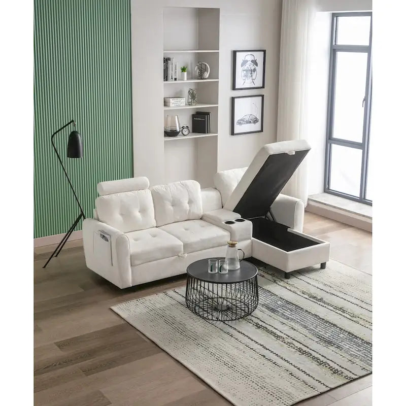 Canapé d'angle convertible en L avec rangement intégré, revêtement en velours/PU/tissu HOMEFUN