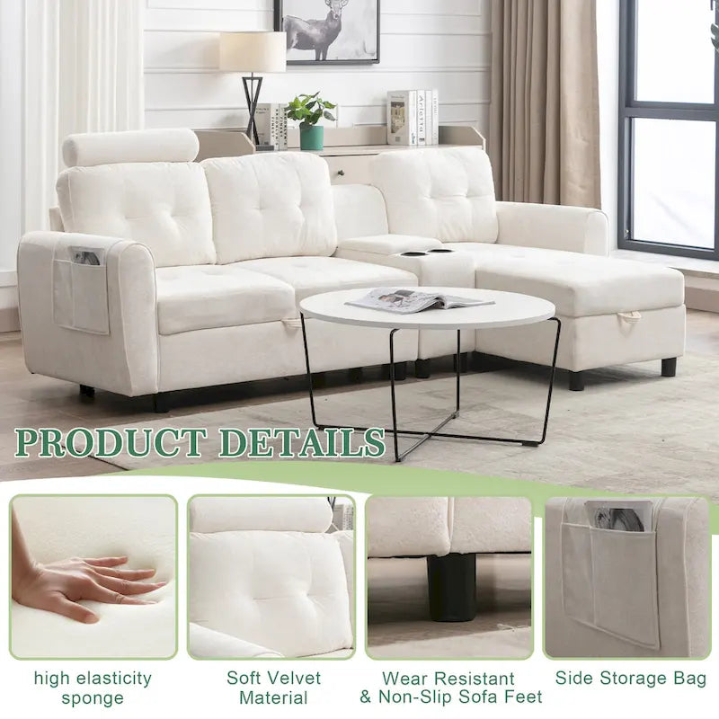 Canapé d'angle convertible en L avec rangement intégré, revêtement en velours/PU/tissu HOMEFUN