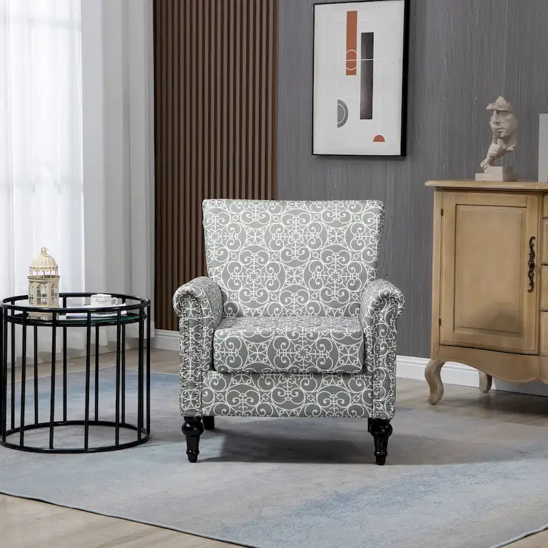 Fauteuil d'appoint moderne du milieu du siècle, fauteuil en lin avec dossier capitonné et pieds en bois