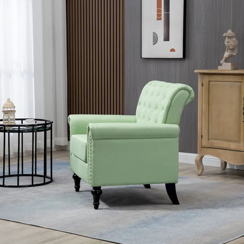 Fauteuil d'appoint moderne du milieu du siècle, fauteuil en lin avec dossier capitonné et pieds en bois