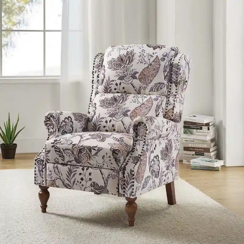 Fauteuil inclinable manuel Terri Classic à accoudoirs découpés et clous décoratifs pour salon, par HULALA HOME