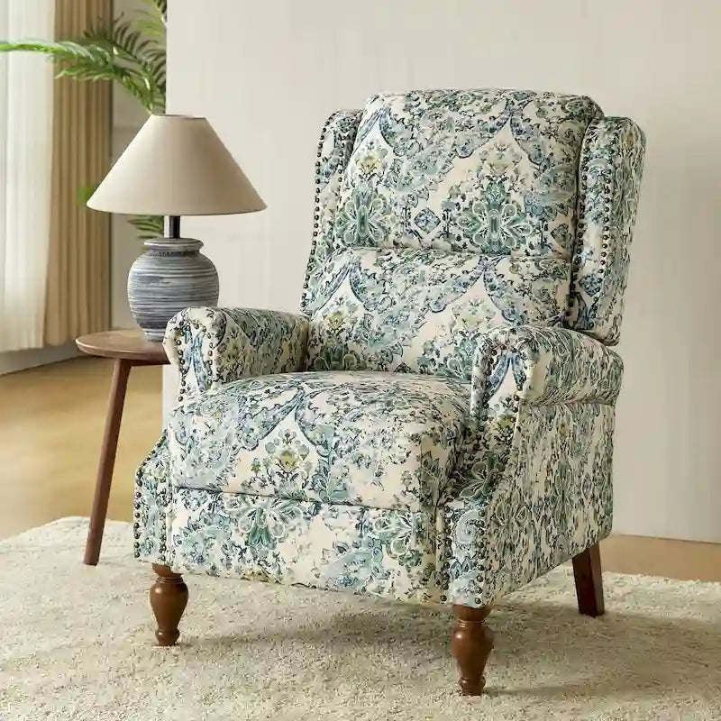 Fauteuil inclinable manuel Terri Classic à accoudoirs découpés et clous décoratifs pour salon, par HULALA HOME