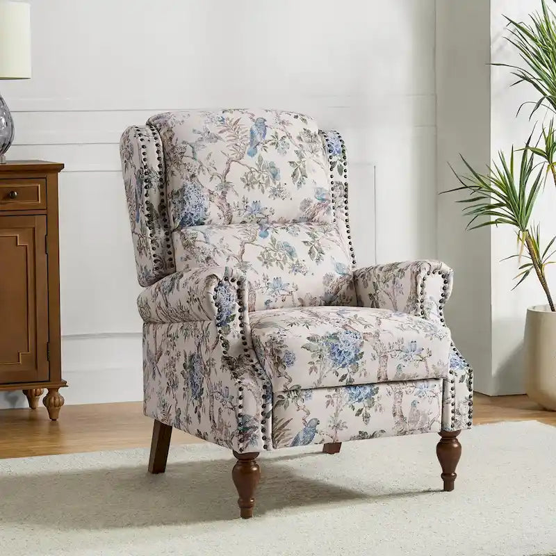 Fauteuil inclinable manuel Terri Classic à accoudoirs découpés et clous décoratifs pour salon, par HULALA HOME