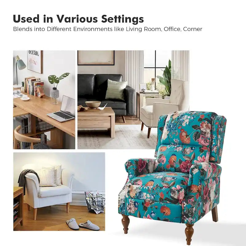 Fauteuil inclinable manuel Terri Classic à accoudoirs découpés et clous décoratifs pour salon, par HULALA HOME