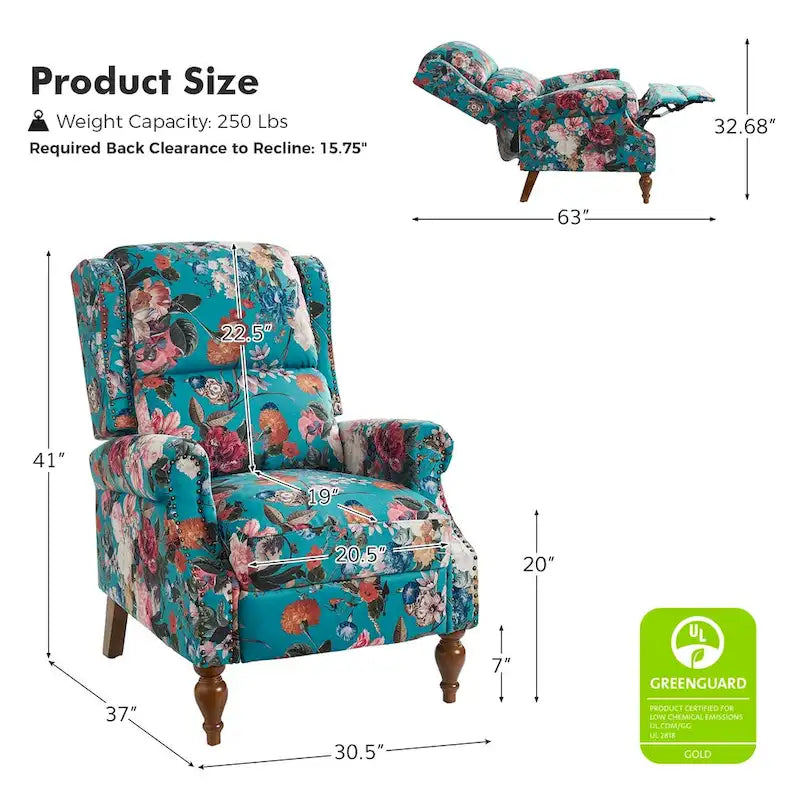 Fauteuil inclinable manuel Terri Classic à accoudoirs découpés et clous décoratifs pour salon, par HULALA HOME